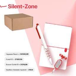 Набор подарочный SILENT-ZONE: бизнес-блокнот, ручка, наушники, коробка, стружка, бело-красный белый, красн