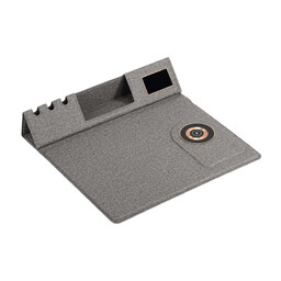 Настольная складная подставка "Cool Mat" с беспроводным (15W) ЗУ, сенсорной подсветкой логотипа, функцией MagSafe и ковриком для мыши сер