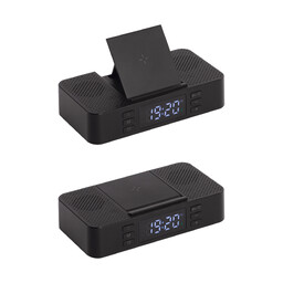 Настольные часы "Smart Box" с bluetooth колонкой (2х3Вт), беспроводным (15W) зарядным устройством и складной подставкой под смартфон черн