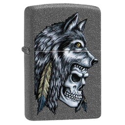 Зажигалка Zippo Wolf Skull с покрытием Iron Stone, латунь/сталь, серая, матовая, 38x13x57 мм