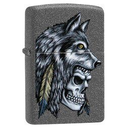 Зажигалка Zippo Wolf Skull с покрытием Iron Stone, латунь/сталь, серая, матовая, 38x13x57 мм