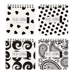 "POCKET JOURNAL" 105 х 105 мм, 60 Л, (4 ВИДA) НА ГРЕБНЕ "BLACK&WHITE" Белый/Чёрн