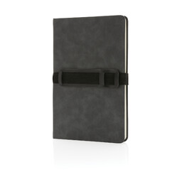 Блокнот Deluxe в твердом переплете из PU с держателем для телефона и ручки, А5 сер
