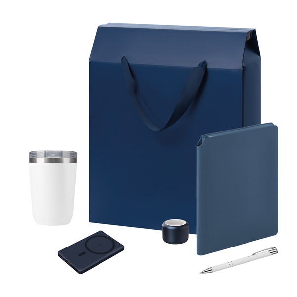 Подарочный набор Велком Пак Премиум (Welcome Pack Premium), синий (термокружка, колонка, ежедневник, ручка, ЗУ, коробка-пакет) СИН