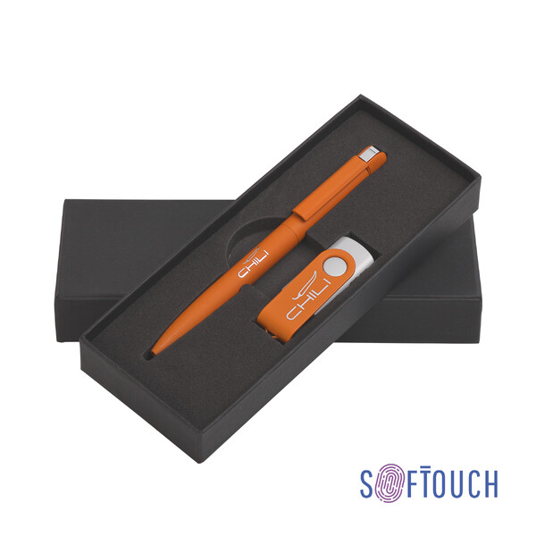 Набор ручка + флеш-карта 16 Гб в футляре, покрытие soft touch оранжев