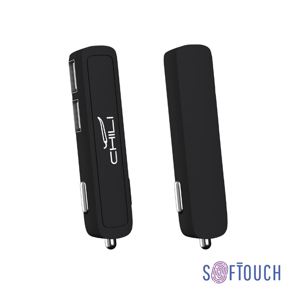 Автомобильное зарядное устройство "Slam" с 2-мя разъёмами USB, покрытие soft touch черн