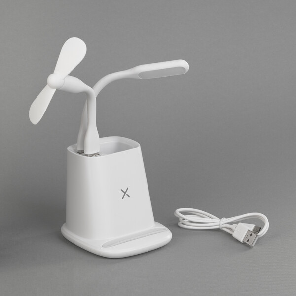 Карандашница "Smart Stand" с беспроводным зарядным устройством, вентилятором и лампой (2USB разъёма) бел