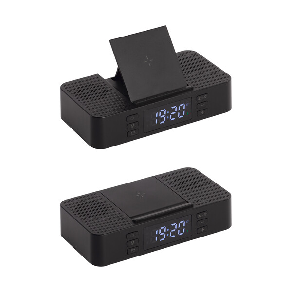 Настольные часы "Smart Box" с bluetooth колонкой (2х3Вт), беспроводным (15W) зарядным устройством и складной подставкой под смартфон черн