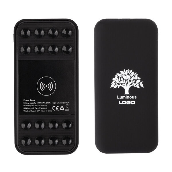 Беспроводное зарядное устройство "Sticky SOFTTOUCH", 10000 mAh с подсветкой логотипа и присосками черн