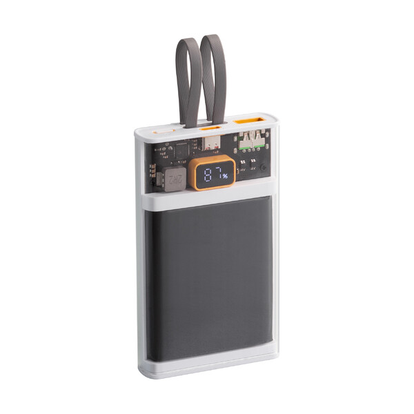 Зарядное (22.5W) устройство "Link" 10000 mAh с прозрачным корпусом, цифровым индикатором заряда и встроенными Type-C/Lightning кабелями белый/черн