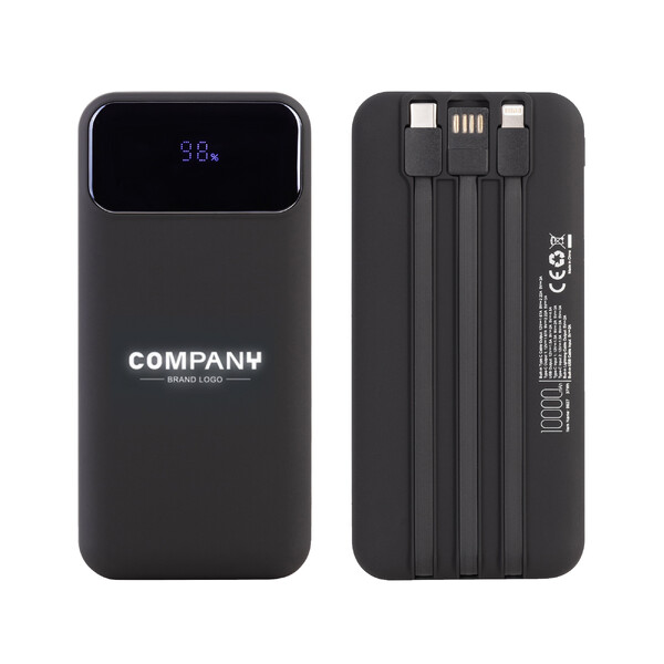 Зарядное (22.5W) устройство "Grade SOFTTOUCH" 10000 mAh с подсветкой логотипа, встроенными кабелями и цифровым индикатором заряда черн