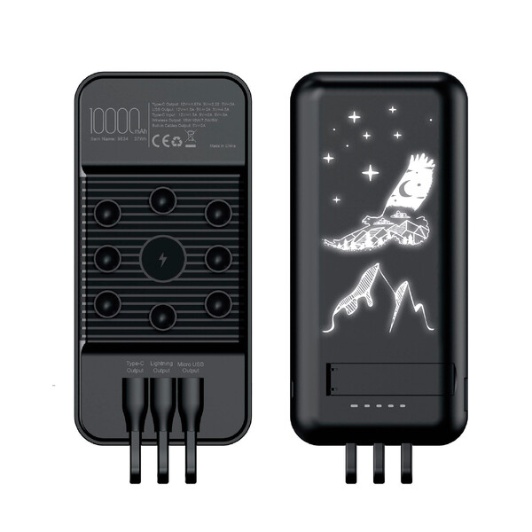Беспроводное зарядное (22.5/15W) устройство "Topfull SOFTTOUCH" 10000 mAh с подсветкой лого, присосками, встроенными кабелями, с подставкой черн