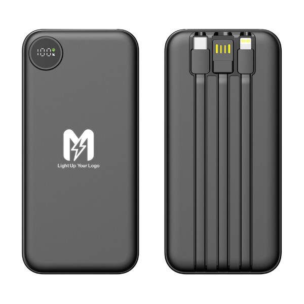Зарядное устройство "Форт" 10000 mAh с подсветкой логотипа, встроенными кабелями и цифровым индикатором заряда черн