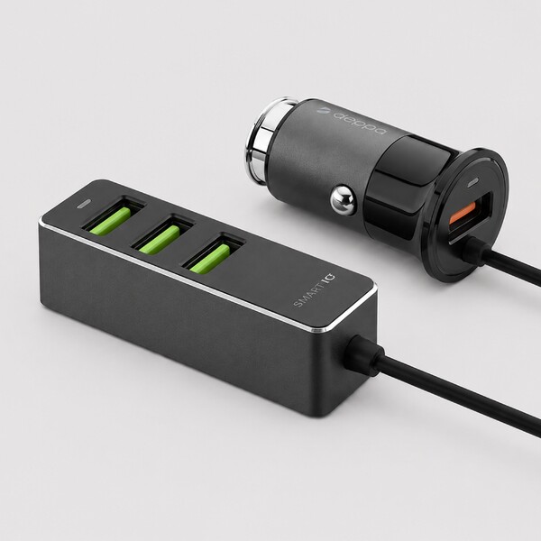 АЗУ 1 USB + 3 USB для пассажиров, QC 3.0, 7А, алюминий, графит, Deppa