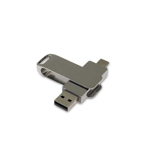 USB 2.0- флешка на 16 Гб поворотный механизм 2 в 1, c дополнительным разъемом Type-C с одноцветным металлическим клипом, серебристый
