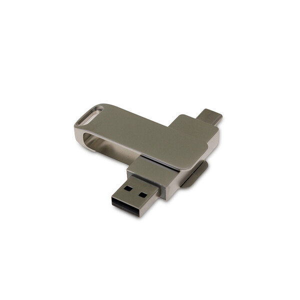 USB 3.0- флешка на 32 Гб поворотный механизм 2 в 1, c дополнительным разъемом Type-C с одноцветным металлическим клипом, серый