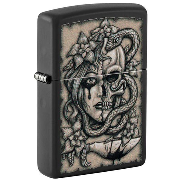 Зажигалка Zippo Gory Tattoo с покрытием Black Matte, латунь/сталь, черная, матовая, 38x13x57 мм