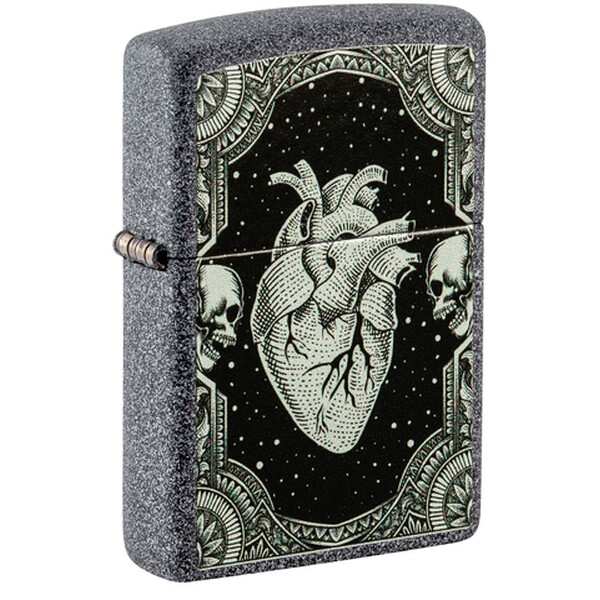 Зажигалка Zippo Heart Design с покрытием Iron Stone, латунь/сталь, серая, 38x13x57 мм