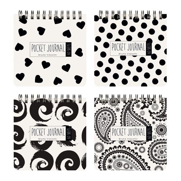 "POCKET JOURNAL" 105 х 105 мм, 60 Л, (4 ВИДA) НА ГРЕБНЕ "BLACK&WHITE" Белый/Чёрн