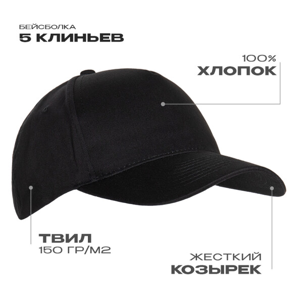 Бейсболка STAN 5 клиньев хлопок 150, 10L, Чёрный,  (20)  (56-58/ONE SIZE)