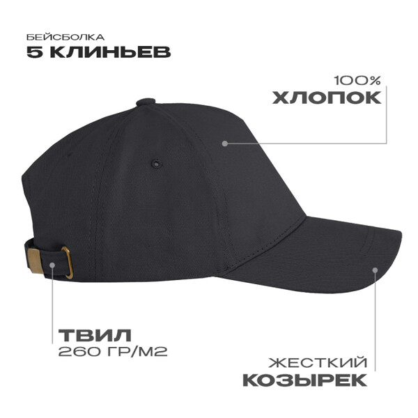 Бейсболка STAN 5 клиньев хлопок, 260, 112, Тёмно-серый,  (100/1)  (56-58/ONE SIZE)