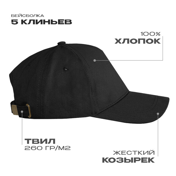 Бейсболка STAN 5 клиньев хлопок, 260, 112, Чёрный,  (20)  (56-58/ONE SIZE)