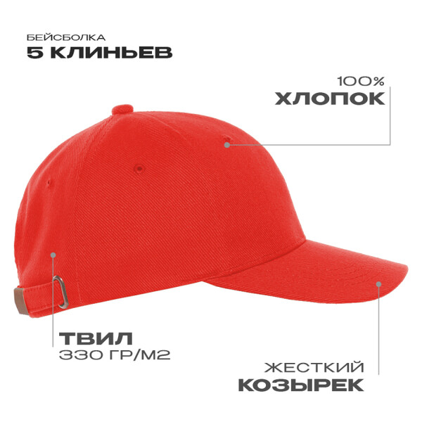 Бейсболка STAN 5 клиньев хлопок 330, 01, Красный ,  (14/1)  (56-58)