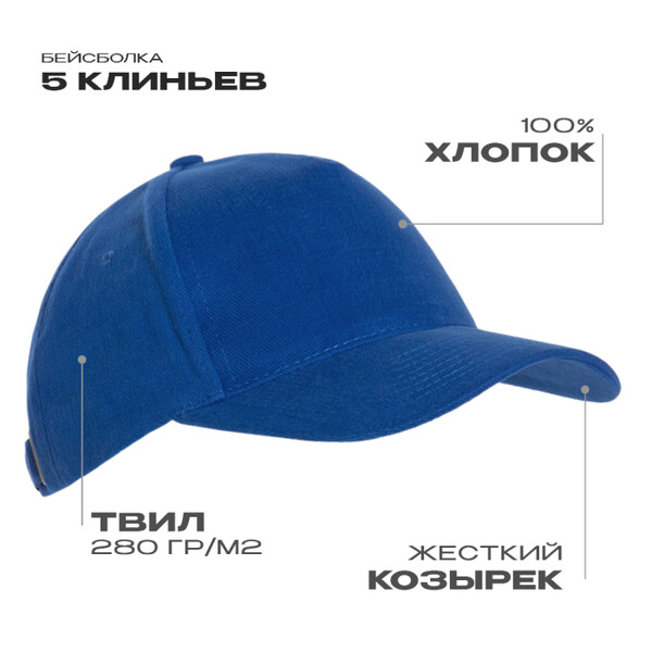 Бейсболка STAN 5 клиньев хлопок 280, 03, Синий,  (16/1)  (56-58)